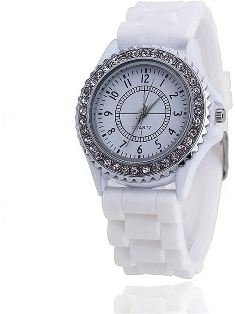 Women's White Analog Quartz Silicone Band Lady Digital Rhinestone Wrist Watch